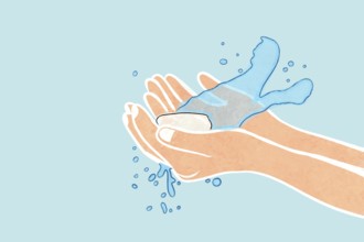 Illustrated depiction of handwashing, showing hands, soap, and water splashes Emphasizes hygiene