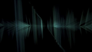 This image renders dark green abstract geometric shapes meeting in a 3D digital space, creating a