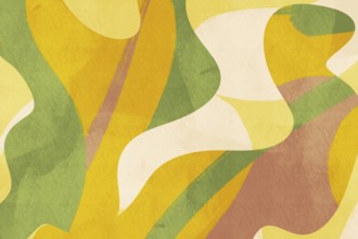 This abstract background features organic shapes in a palette of soft yellows, greens, and browns,