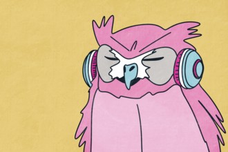 This vibrant illustration features a pink owl with closed eyes wearing headphones, set against a