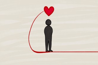 A minimalistic health illustration featuring a black silhouette figure connected to a red heart by