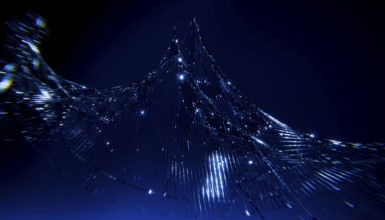 A mesmerizing 3D illustration depicting a wave of binary code, illuminated against a deep blue