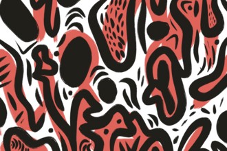 This abstract illustration showcases bold red and black curves intertwining, creating a dynamic and