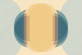 A minimalist abstract design with overlapping geometric shapes in muted tones. The harmonious blend