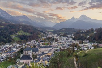 A stunning view of Berchtesgaden in the Bavarian Alps at sunset The charming alpine town,