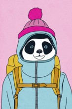 A playful illustration of a panda in a blue winter jacket and pink beanie, carrying a yellow