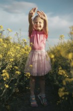 A joyful young girl in a pink outfit lifts her hands towards the sky while standing in a sunlit