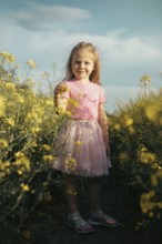 A young girl in a pink dress stands among vibrant yellow flowers, gently holding a bloom as she