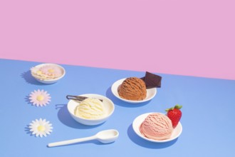Various flavors of ice cream in white dishes, presented against a striking pink and blue