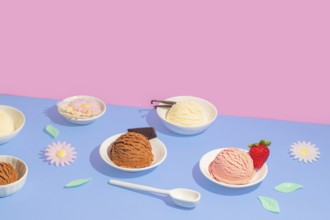 Vibrant image featuring bowls of various ice cream flavors on a dual-tone pink and blue background.