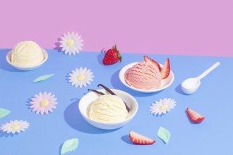 Vibrant split background in pink and blue showcasing various ice cream flavors. The scene includes