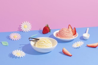 Vanilla and strawberry ice cream in white bowls amid colorful paper flowers on a pink and blue