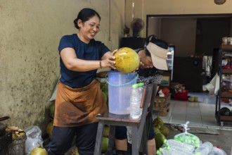 Two cheerful women open a coconut to extract fresh coconut water, surrounded by tools and bottles,