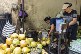 Two women processing coconuts in an urban setting. One uses a machete to expertly open coconuts,