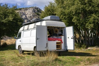 A cozy camper van with open doors reveals a comfortable interior, set against a backdrop of lush