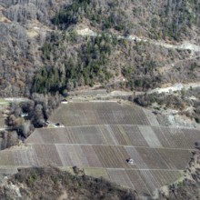 A breathtaking aerial view of Swiss farmland with neatly arranged fields against a rugged hillside.