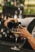 A professional bartender skillfully pours a creamy beverage into a martini glass at a modern