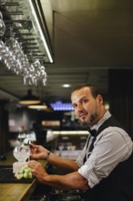 A professional bartender mixes a sophisticated cocktail at an upscale bar. Glasses hang above, and
