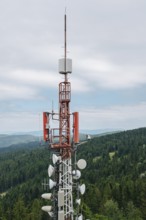 A towering communication array equipped with various antennas and dishes, standing against a
