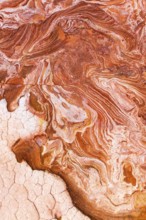 Close-up view of intricately patterned red and white rock surfaces, showcasing swirling colors,