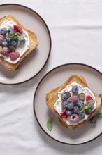 Top view of two toasts with cream cheese topped with raspberries, blueberries, and dusted with