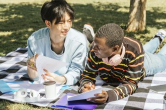 Two friends studying together on a picnic blanket outdoors. They are discussing notes, surrounded