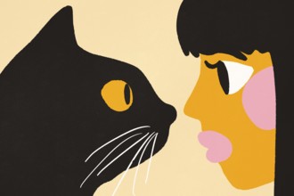 This minimalist illustration captures a tender moment between a woman and a black cat, portrayed