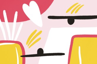 This abstract illustration features a blend of vibrant geometric and organic shapes, including