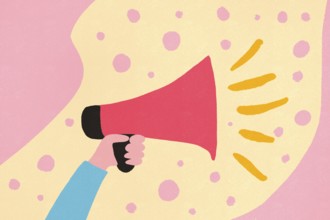 This illustration showcases a hand clutching a bright red megaphone against a soft pink and