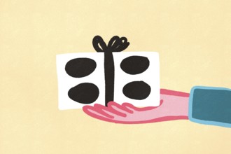 Illustration of a hand gently holding a decorated gift box with bold polka dots and a simple bow on