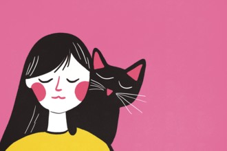 Illustration of a young girl in a yellow sweater being affectionately cuddled by a black cat