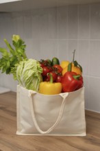 A canvas bag filled with fresh vegetables, including bell peppers, celery, and lettuce, rests on a