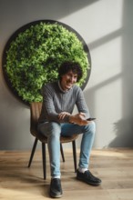 A young man with curly hair, sitting in a chair next to a vibrant green wall, embodies themes of