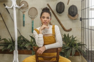 A young woman with a relaxed expression sitting in a wooden chair, dressed in yellow overalls and a