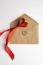 Top view of gold wedding rings placed on a brown envelope, tied with a vibrant red ribbon,