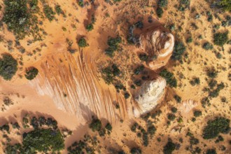 Aerial shot showcases a desert landscape with unique rock formations and contrasting vegetation in