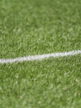 A close up image of a lush green grass soccer field featuring a white boundary line. The vibrant