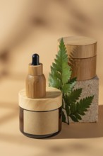 A cosmetic bottle with a natural wood accent, displayed on a beige background. The setting is