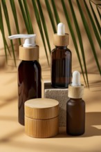 A collection of eco-friendly cosmetic bottles with wooden caps displayed against a minimalist beige
