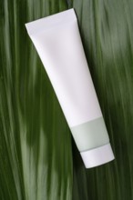 A clean, white cosmetic tube rests on a lush, green leaf, highlighting an eco-friendly skincare