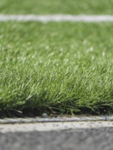 A close up image of vibrant artificial grass with a white line, depicting a section of a synthetic