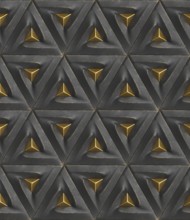 A striking 3D geometric pattern featuring metallic accents. The repeating triangular shapes create