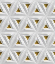 This 3D geometric wallpaper design features a repeating pattern of white triangles with gold