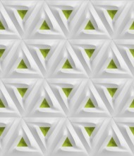 Abstract 3D geometric pattern featuring repetitive green and white triangular shapes. The design