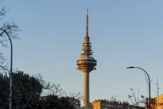 The golden hour sunlight highlights of El Pirulí, Torrespaña, a prominent telecommunications tower