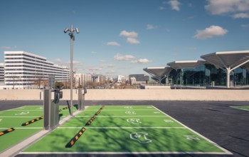 A newly constructed transport hub in Valdebebas, Madrid, featuring a sleek glass facade and modern