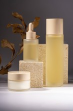 A collection of elegant skincare bottles and jars gracefully arranged on textured stone pedestals,