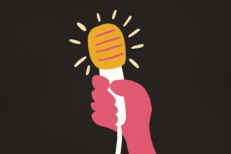 A colorful illustration shows a hand gripping a brightly lit microphone against a dark background,