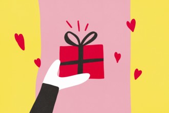 A graphic illustration of a hand holding a red gift box, set against a pink and yellow backdrop