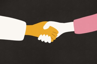 A vibrant, minimalist illustration depicting two hands engaging in a handshake against a black